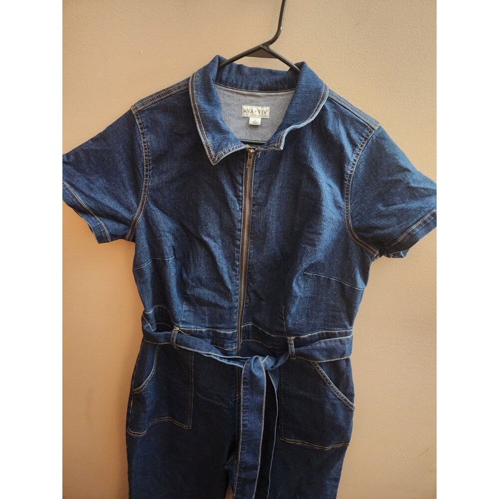 Ava And Viv Women's Short Sleeve Dark Denim Jumpsuit Belted Wide Leg Size 17 - Picture 4 of 10